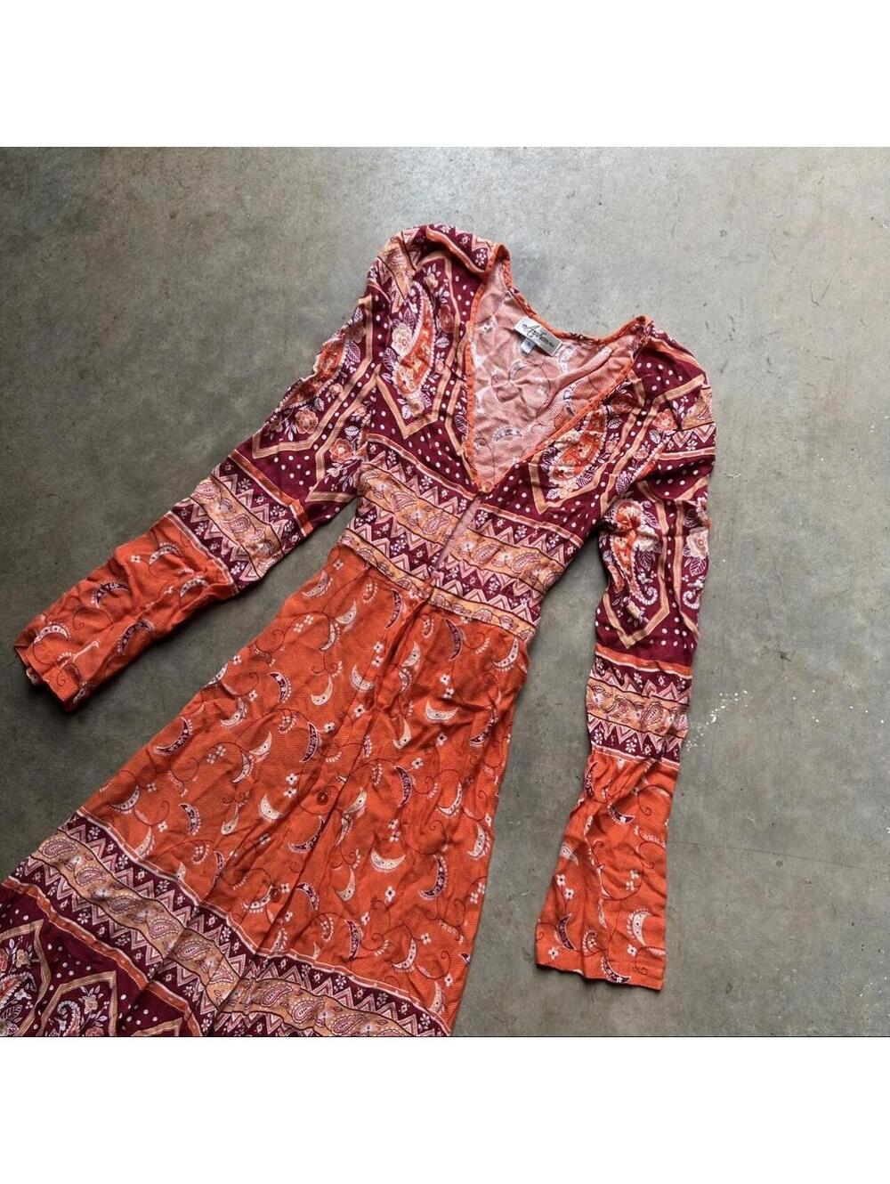 Y2K Boho Orange & Red Paisley and Geometric Print Dress or duster